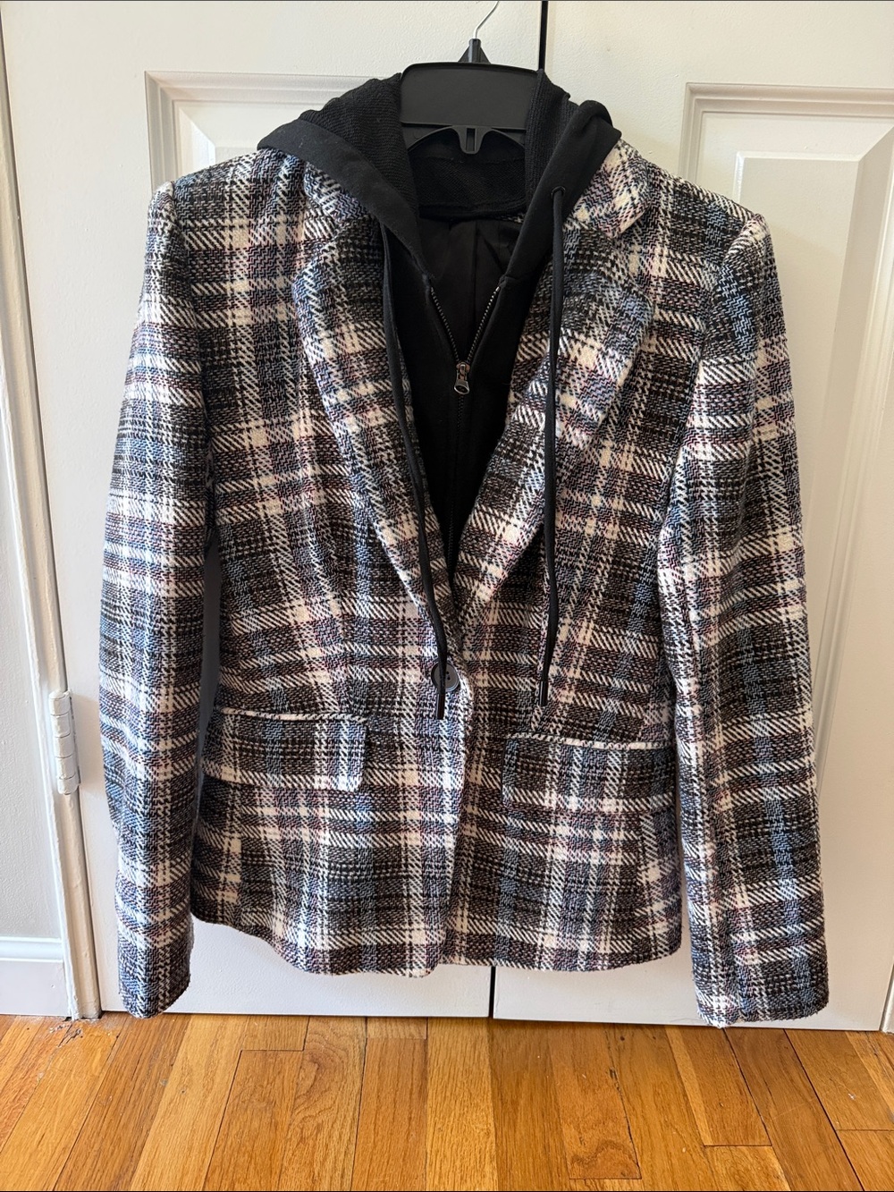 Central Park West Plaid Hooded Blazer Jacket